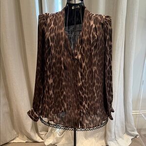 L'AGENCE Brown Leopard Print V-Neck Blouse